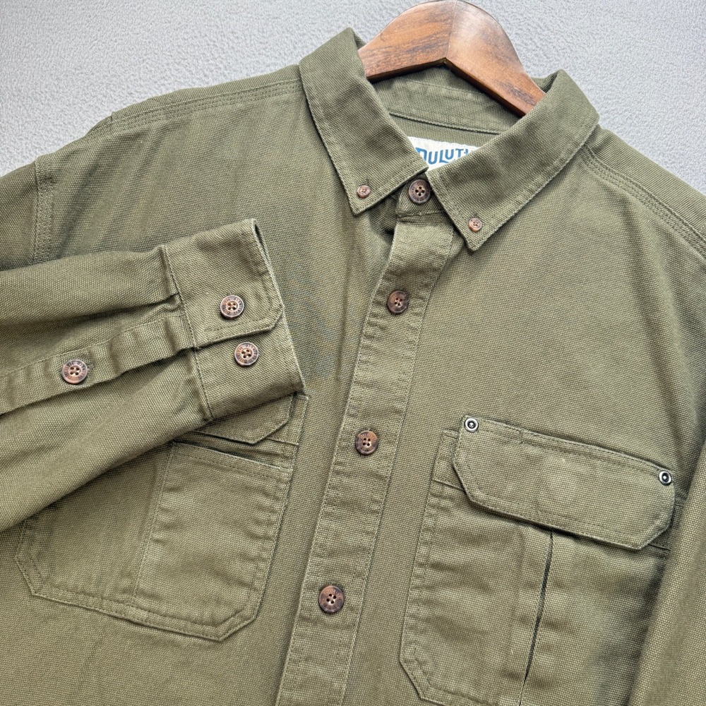 Duluth Trading Canvas Work Shirt Mens XL Tall Green Cotton Relaxed Fit Workwear
